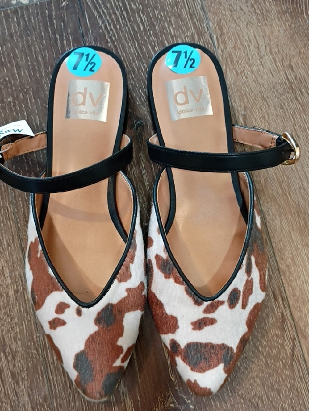 Dolce Vita Brown Cow Print Pointed-Toe Mary Jane Flats - Size 7.5